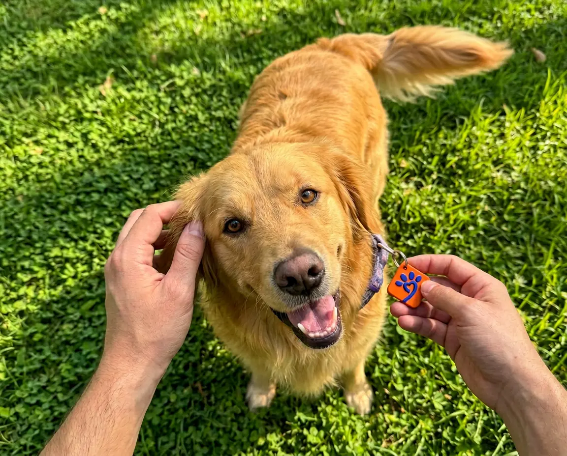 Vista de cima em primeira pessoa, com um Golden Retriever feliz na grama enquanto recebe carinho e usa a TagPet na coleira
