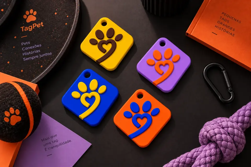 Tags TagPet coloridas ao lado de acessórios para pets