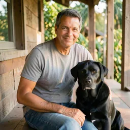 Carlos sentado na varanda ao lado do seu labrador preto