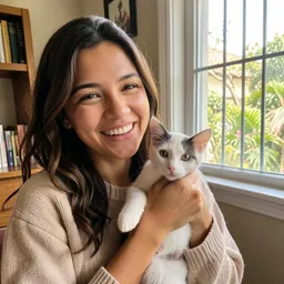 Fernanda sorrindo com a gata Luna no colo, perto da janela
